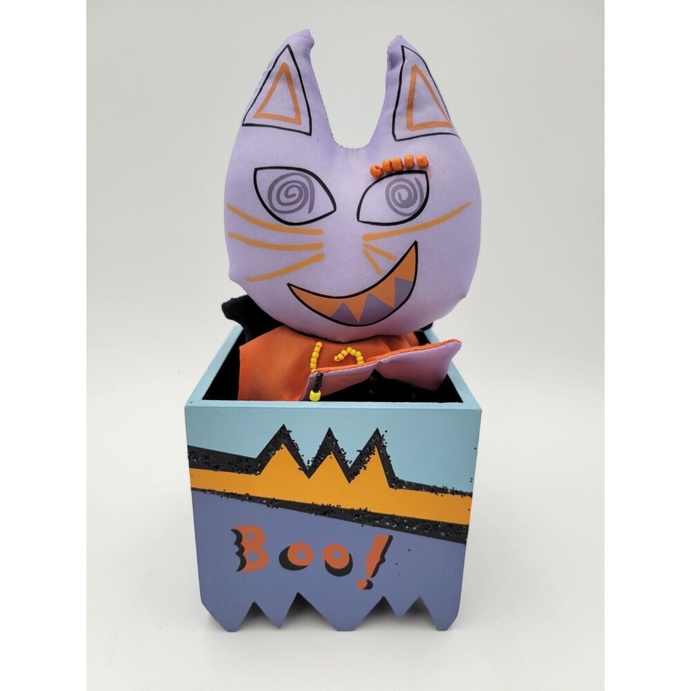 Whimsical fabric Purple Cat bobbles on spring In Wooden Box Halloween Decoration